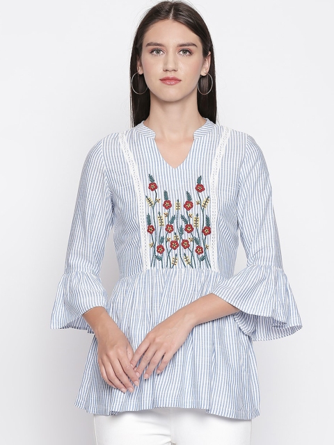 

Mesmerize Women White & Blue Floral Embroidered Peplum Top