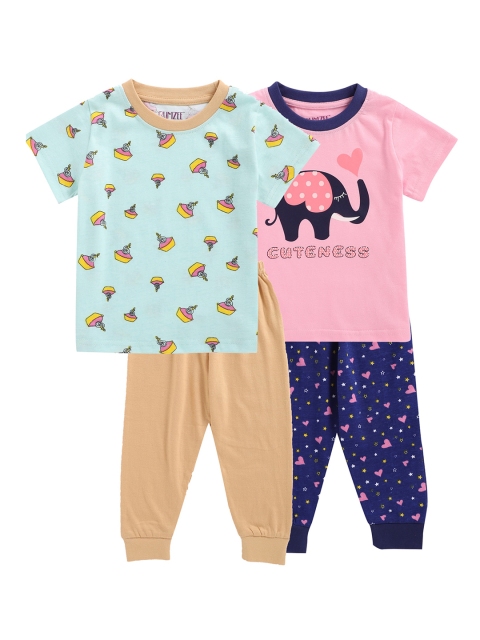 

BUMZEE Kids Pack of 2 Pink & Blue Printed T-shirt with Pyjamas