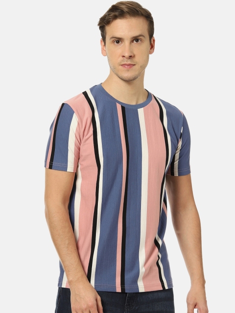 

Campus Sutra Men Blue & Pink Striped Round Neck T-shirt