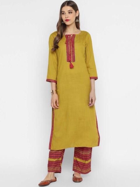 

CHRISTEENA Women Mustard Yellow & Red Solid Kurta with Trousers