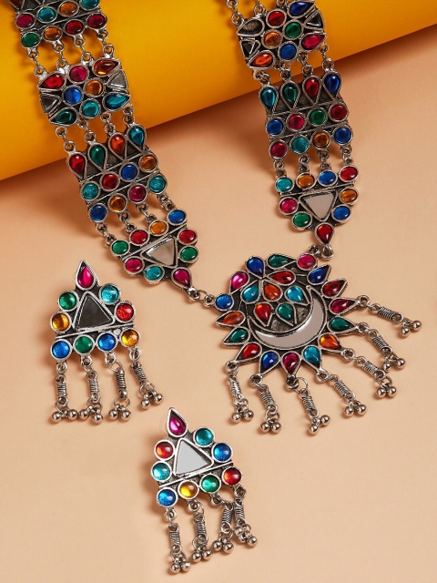 

GloBox By ZeroKaata Silver-Plated Blue & Red Stone-Studded Tribal Jewellery Set