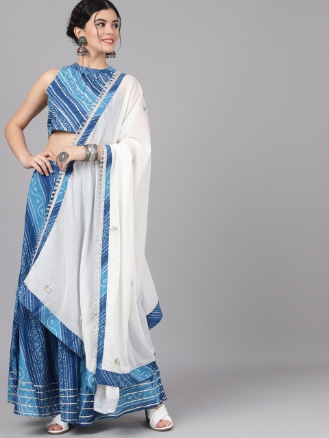 

AKS Blue & White Ready to Wear Laheriya Lehenga with Blouse & Dupatta