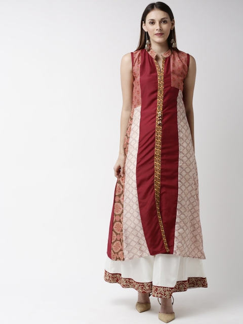 

Soch Women Maroon & Off-White Printed A-Line Panelled Kurta