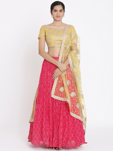 

Koskii Pink & Yellow Embroidered Ready to Wear Lehenga & Blouse with Dupatta