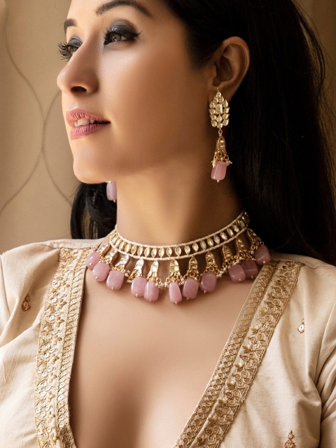 

rubans LUXURY Gold-Plated Pink & White Kundan-Studded Beaded Handcrafted Jewellery Set