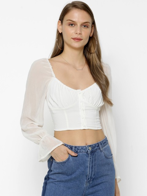 

FOREVER 21 Women Off-White Solid Semi-Sheer Empire Top