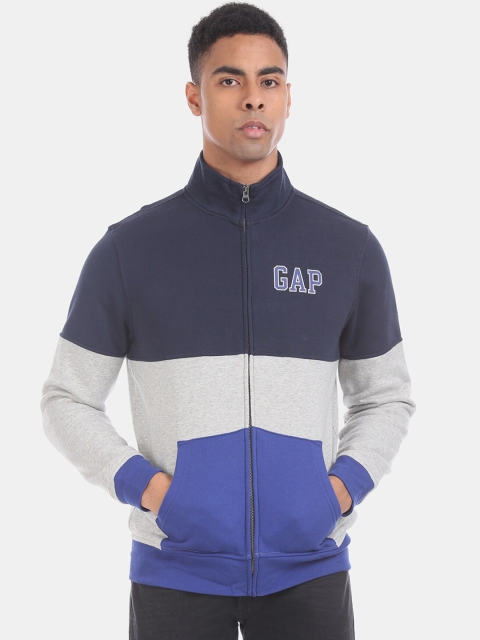 GAP Men Navy Blue & Grey Colourblocked Sweatshirt