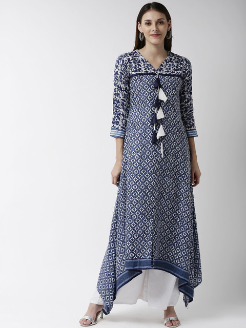 

Soch Women Navy Blue & White Printed A-Line Kurta