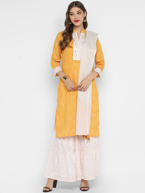 

CHRISTEENA Women Mustard Yellow & White Printed Kurta with Palazzos & Dupatta