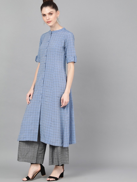 

AKS Women Blue & Black Checked A-Line Kurta