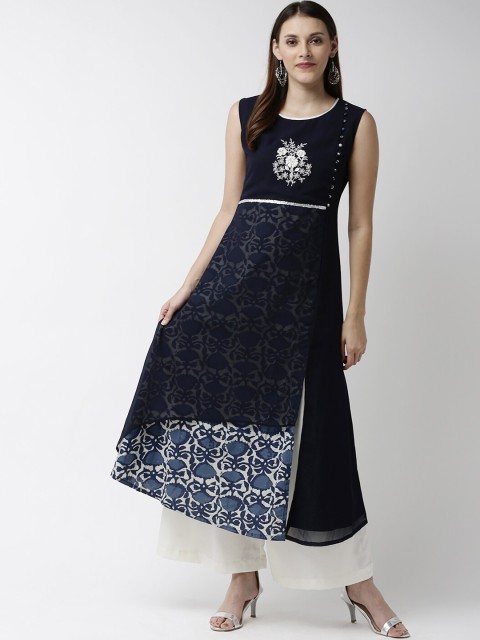

Soch Women Navy Blue & White Floral Print Anarkali Kurta