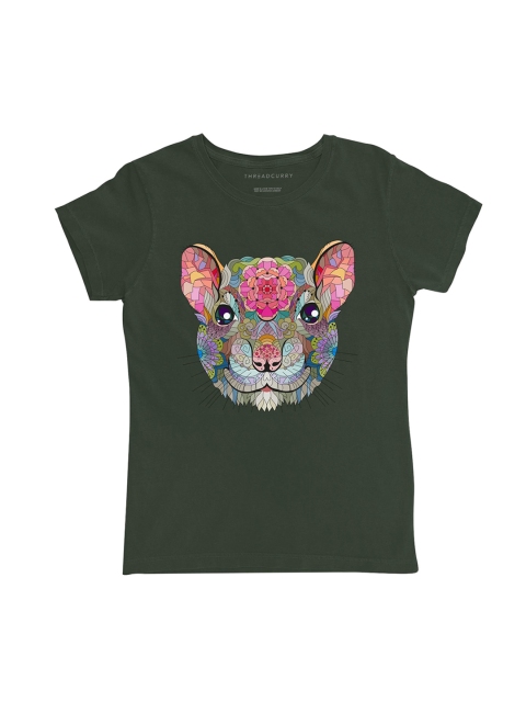 

THREADCURRY Girls Olive Green & Pink Printed Round Neck T-shirt