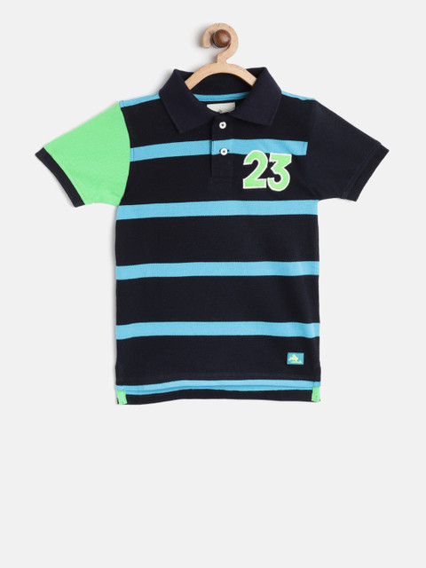 

Cherry Crumble Boys Navy Blue & Green Striped Polo Collar T-shirt