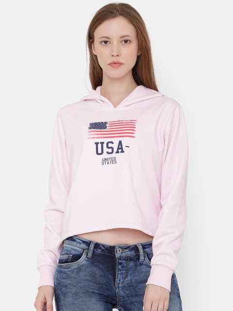 

ELEGANCE Women Pink Printed Hooded Crop Sweatshirt