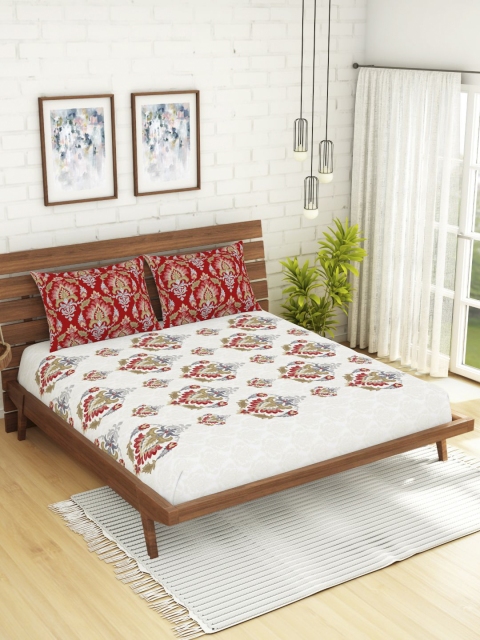 Spaces Atrium Ornate Red 1 Queen Size Fitted Sheets With 2 Pillow Cover