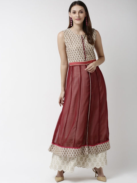 

Soch Women Beige & Maroon Printed Anarkali Kurta