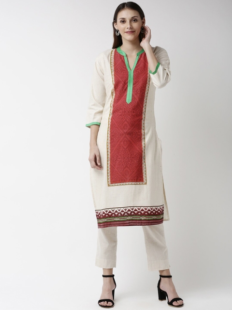 

Soch Women Cream & Red Colourblocked Straight Kurta