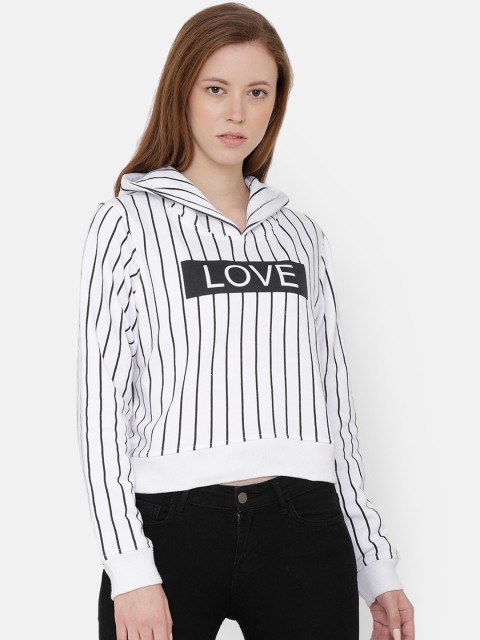 

ELEGANCE Women White Striped Hooded Sweatshirt