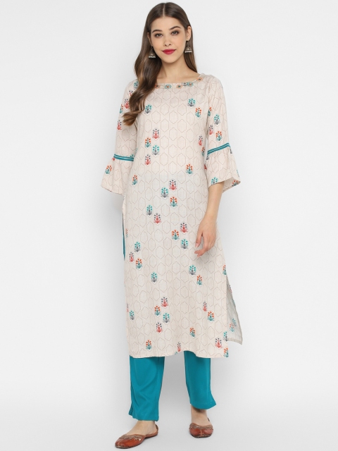 

CHRISTEENA Women Off-White & Turquoise Blue Printed Kurta with Trousers