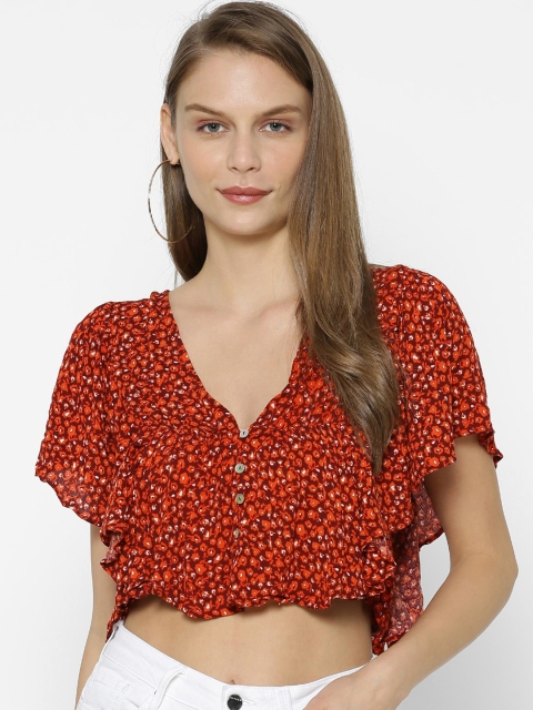 

FOREVER 21 Women Red & Orange Floral Printed Crop Top