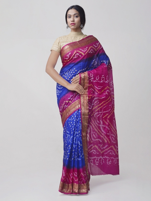 

Unnati Silks Pink & Blue Pure Silk Printed Bandhani Saree