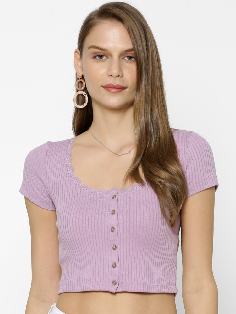

FOREVER 21 Women Lavender Self Design Crop Top