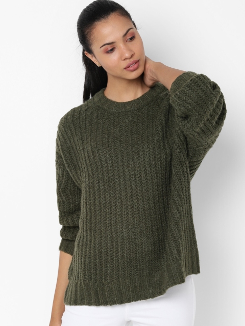 

AMERICAN EAGLE OUTFITTERS Women Olive Green Self Design Pullover Sweater