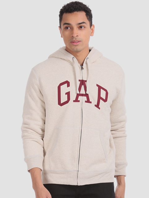 

GAP Men Beige Printed Sherpa Lined Full Zip Hooded Sweatshirt