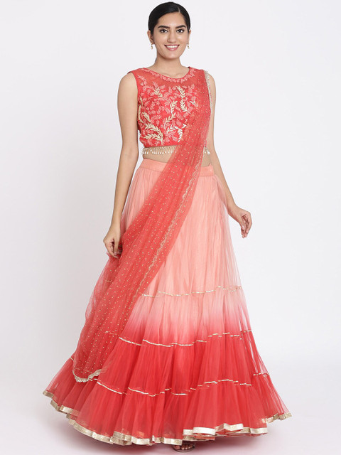 

Koskii Red & Pink Printed Ready to Wear Lehenga & Blouse with Dupatta