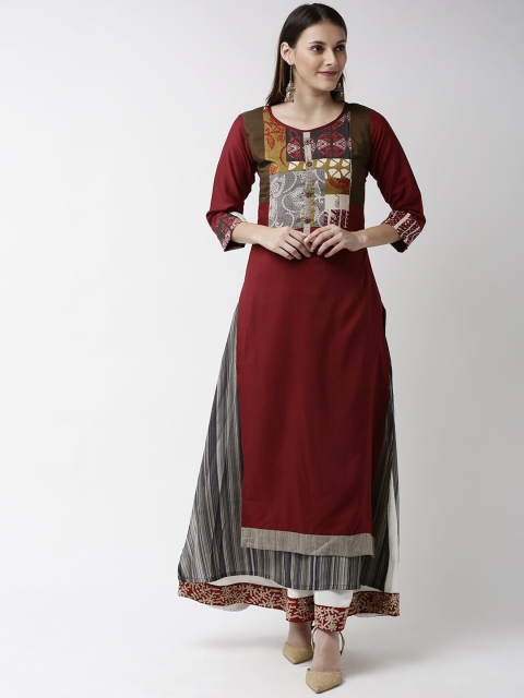 

Soch Women Maroon & Olive Green Yoke Design A-Line Kurta