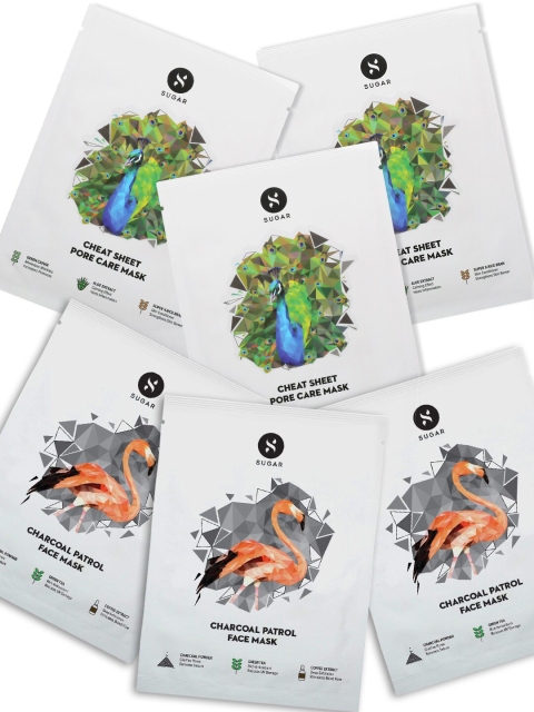 

SUGAR Pack of 6 Cheat Sheet Pore Care & Charcoal Patrol Sheet Masks 25 g, Transparent