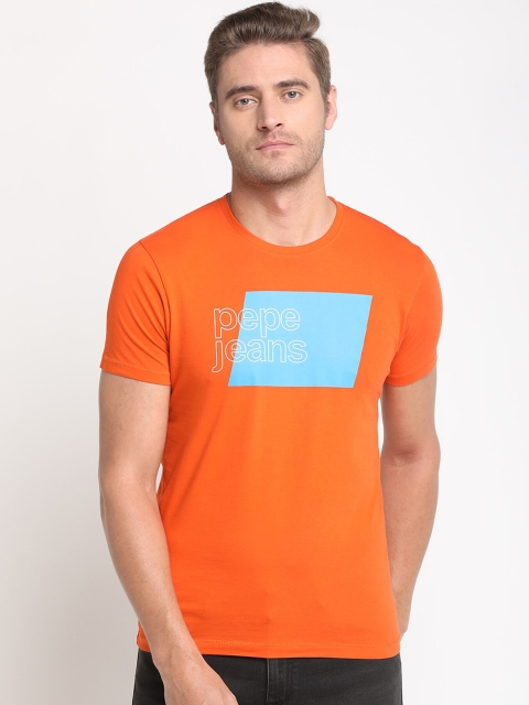 

Pepe Jeans Men Orange Brand Logo Print Round Neck T-shirt