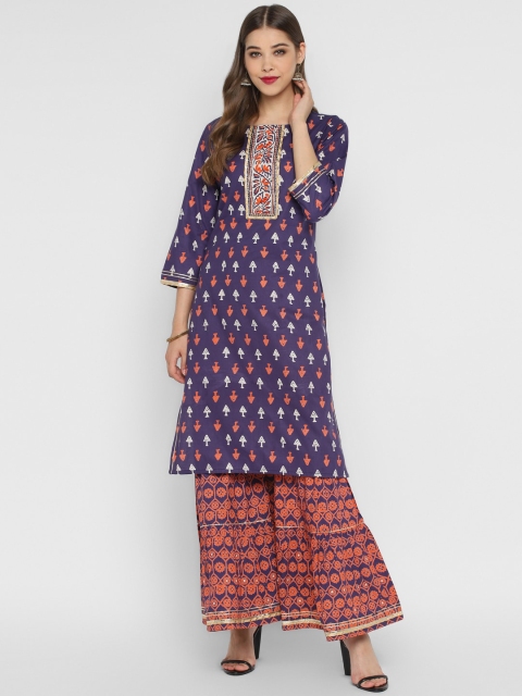 

CHRISTEENA Women Navy Blue & Orange Printed Kurta with Palazzos