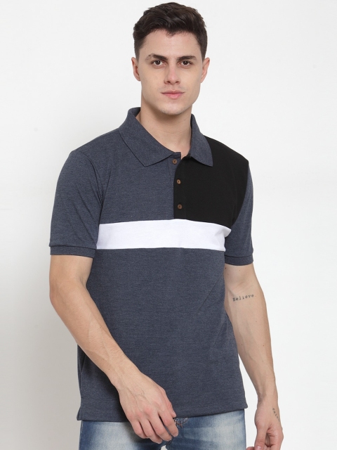 

Kalt Men Navy Blue & Black Colourblocked Polo Collar T-shirt