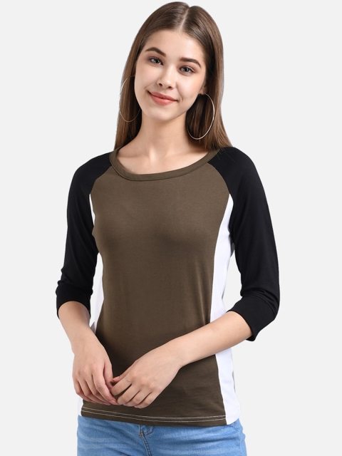 

The Dry State Women Olive Green & White Colourblocked Boat Neck T-shirt