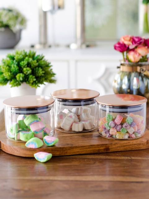 

GOODHOMES Set Of 3 Transparent Borosilicate Glass Small Jars With Copper Finish Lid