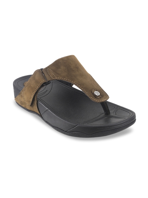 Metro Men Brown Solid Leather Comfort Sandals