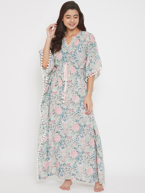 

The Kaftan Company Women Green & Pink Printed Maxi Nightdress