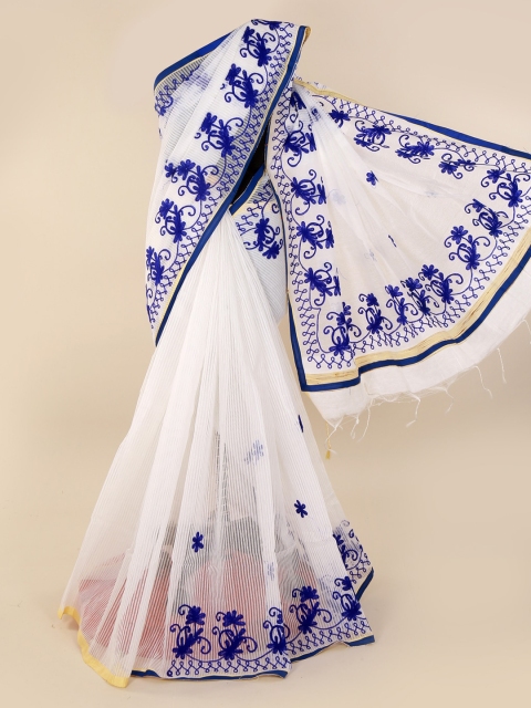 

Pothys White & Blue Cotton Blend Embroidered Saree