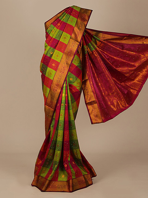 

Pothys Green & Red Art Silk Checked Saree