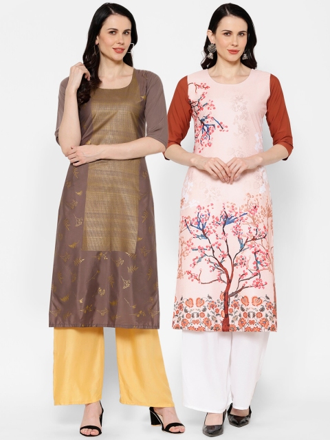 

7Threads Women Pack Of 2 Printed Straight Kurtas, Pink