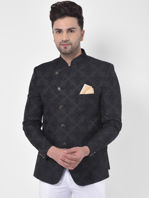

LUXURAZI Men Black Embroidered Self Design Tailored Fit Bandhgala Blazer