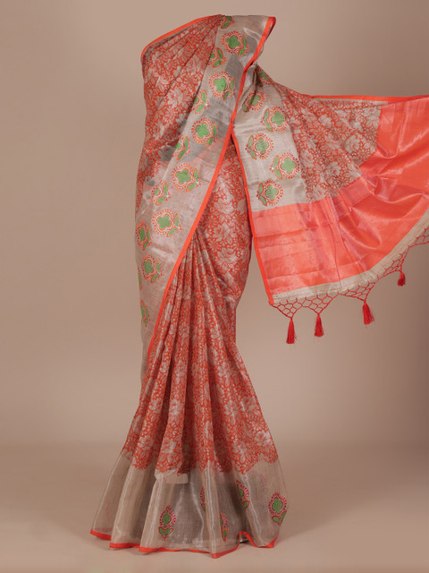 

Pothys Orange Cotton Blend Printed Saree with Embroidered Border