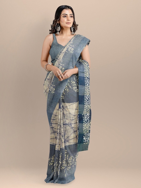 BharatSthali Blue & Beige Silk Cotton Printed Venkatgiri Saree