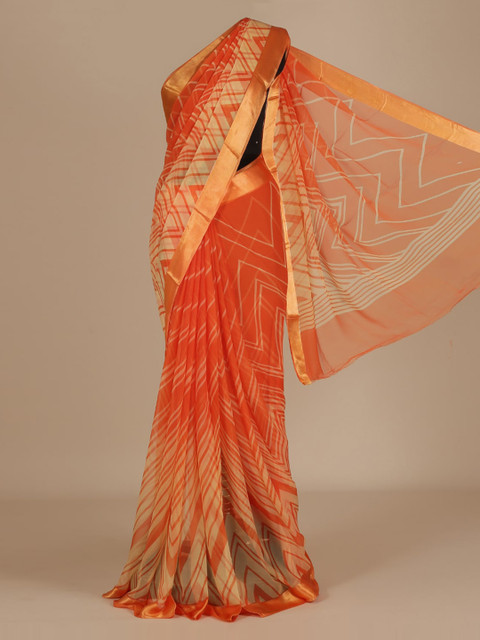 

Pothys Orange Printed Poly Chiffon Saree