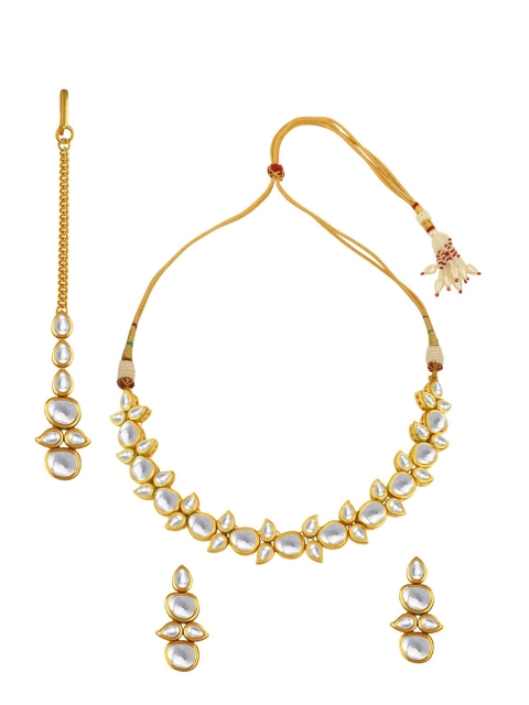

Alamod Gold-Plated & White Kundan Stone-Studded Jadau Jewellery Set With Maang Tika