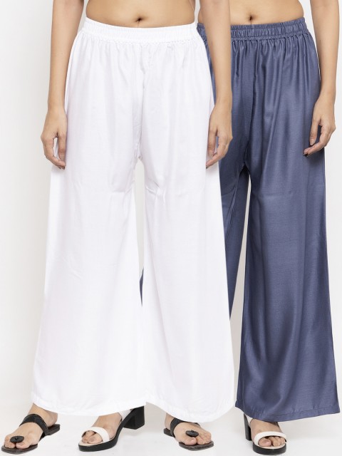 

NEUDIS Women Pack Of 2 White & Grey Solid Flared Palazzos