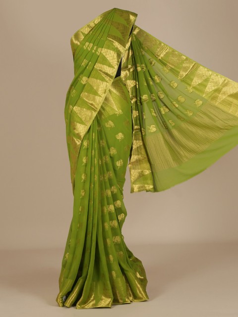 

Pothys Green & Gold-Toned Poly Chiffon Woven Design Saree