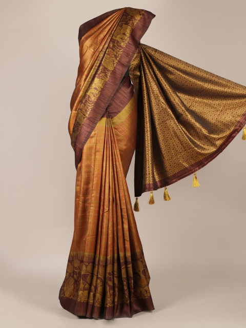 

Pothys Brown Woven Design Jute Silk Sareen with Tassel Pallu