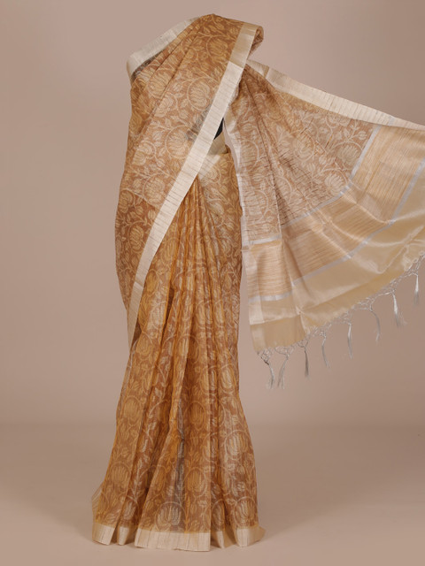 

Pothys Brown Floral Printed Tissue Saree with Zari Border